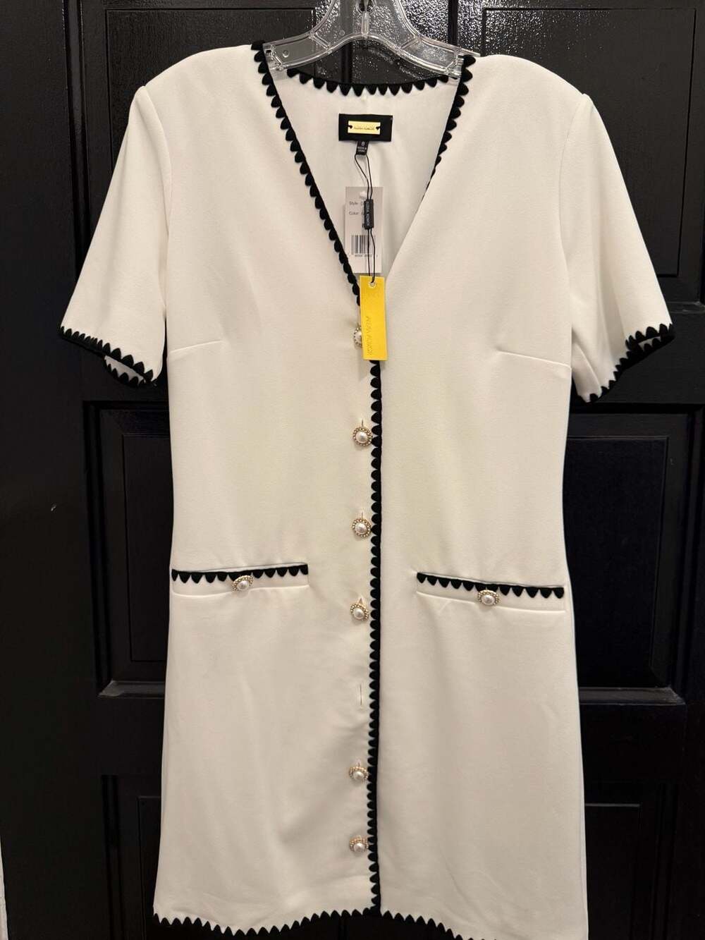 Alexia Admor Pearl Button Mini Dress Size 8 White Black Scallop Trim